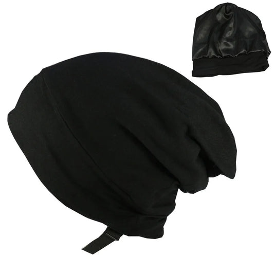 Satingefütterte Schlafhaube – Elastische Nachthaube aus Bambus-Baumwolle für Damen und Herren mit Lockerer Passform Kaufschwan® Schwarz