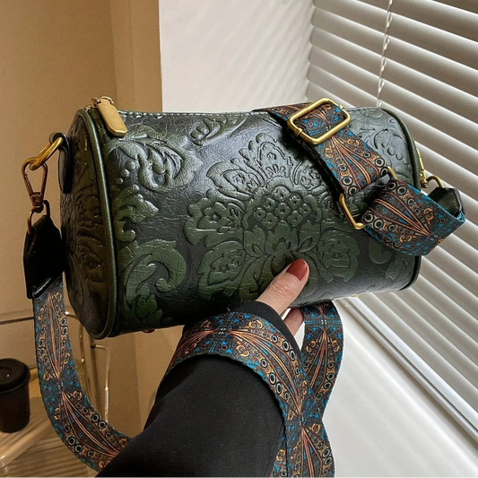 Retro Bestickte Blumen Leder Schultertasche – Klassische Zylinder Crossbody Handtasche für Damen | Alltag, Arbeit & Party Kaufschwan® Grün
