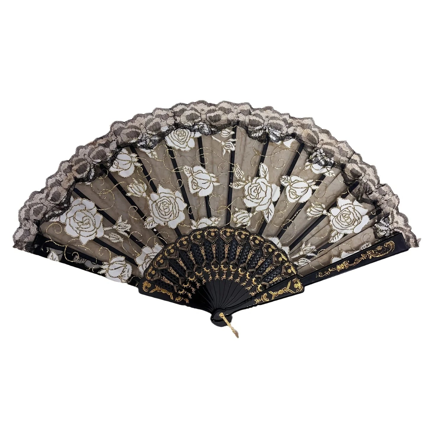 Klassischer Spitzenhandfächer | Faltbarer Handfächer mit Blumenmuster für Frauen | Hochzeiten, Nachtclubs & Cosplay Kaufschwan® Schwarze Blume