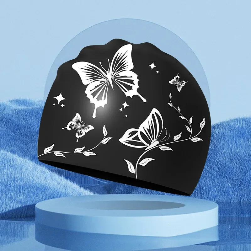 Wasserdichte Schwimmkappe mit Schmetterlingsmuster – Elastische Silikon Schwimmhaube für Langes Haar & Ohrenschutz | Unisex Erwachsene Kaufschwan® Schwarz Einheitsgröße