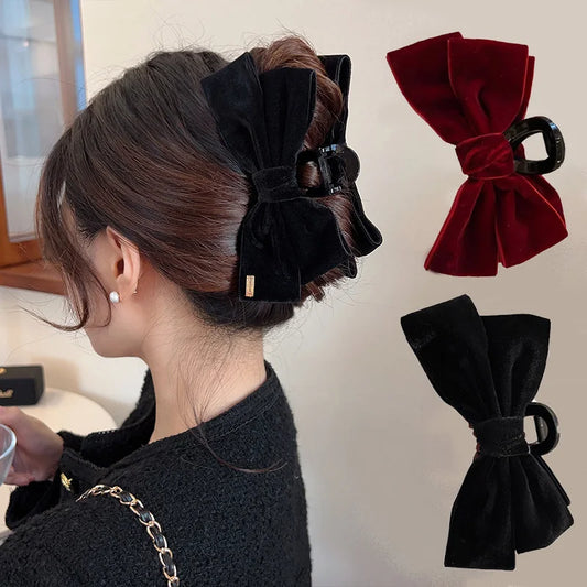 Haarspangen mit samtiger Textur und doppelseitiger Schleife – Schwarze Haarklammer für Damen Kaufschwan®