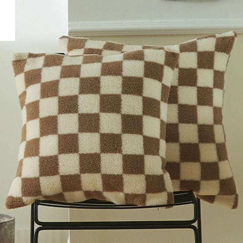 Schwarzer Kunstfell Woll Kissenbezug | Karierter Bezug für Sofa, Couch & Wohnzimmer | Wohnraum-Deko Kaufschwan® Khaki 50x50cm