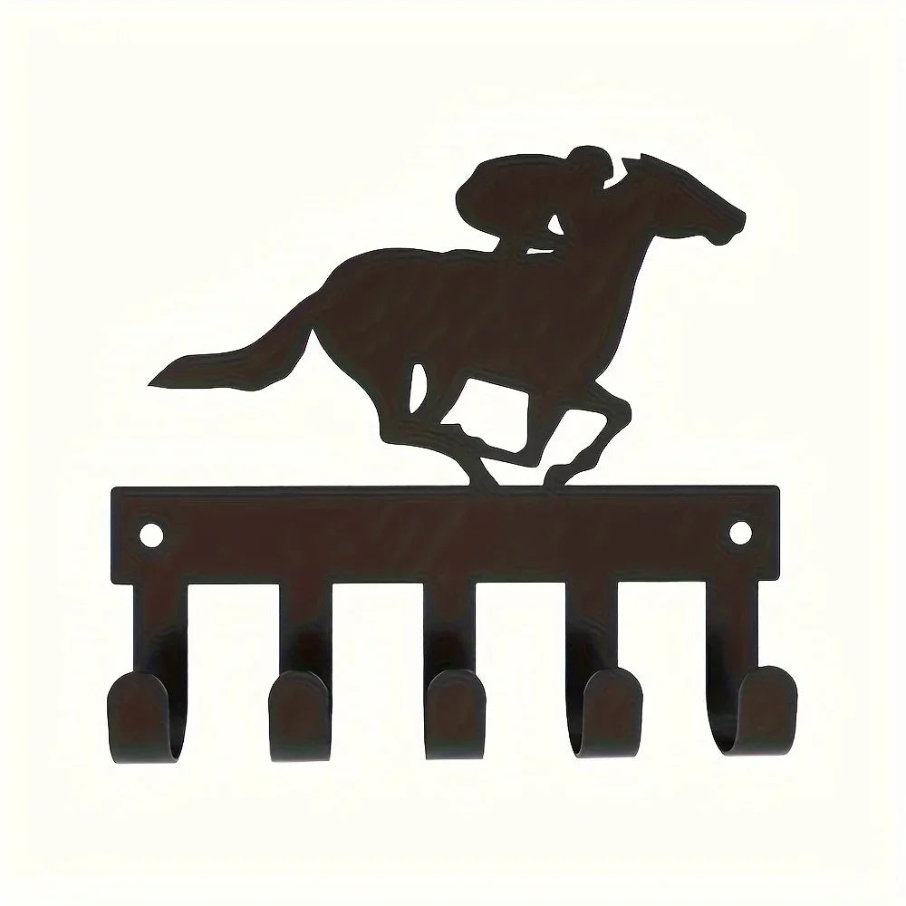 Schwarzer Metall Schlüsselhalter für die Wand – Klebender Schlüssel Organizer mit 5 Haken | Dekorativer Fahrrad & Reiter Hakenhalter