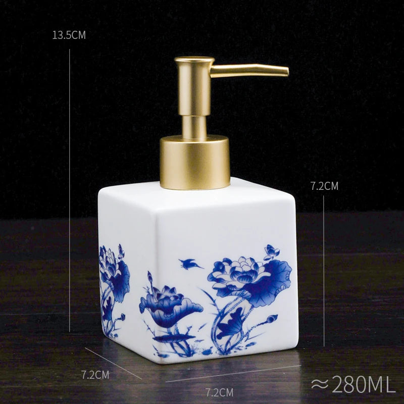 Blau-weiße Keramik-Lotion- und Desinfektionsmittelflasche – Quadratischer Spender für Shampoo, Duschgel & Badezimmer Kaufschwan® B-2