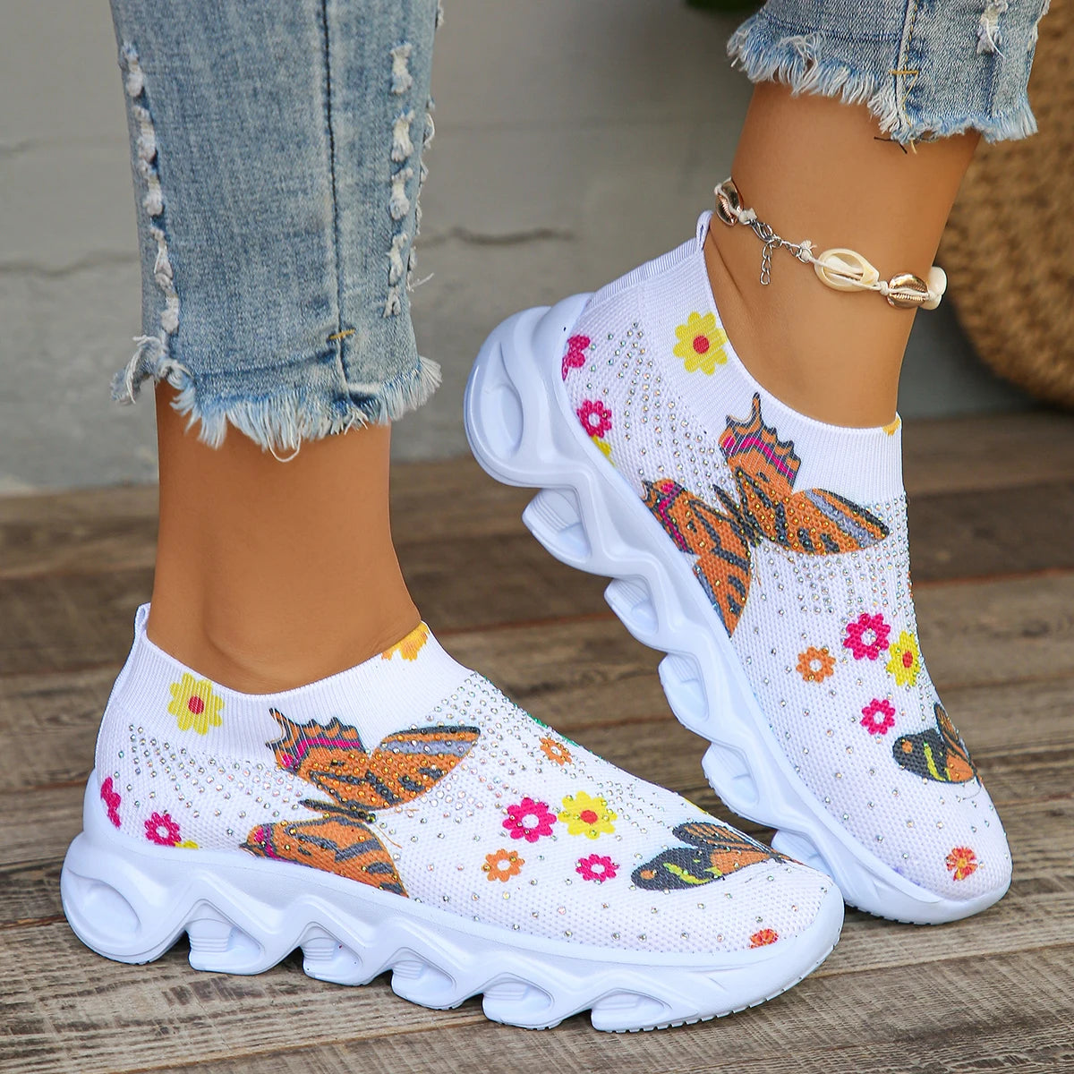 Kristall Blumen Damen Strick-Sneaker – Sommer Atmungsaktive Air Mesh Freizeitschuhe | Leichte Sportschuhe & Walking Flats Kaufschwan® Schmetterling 37
