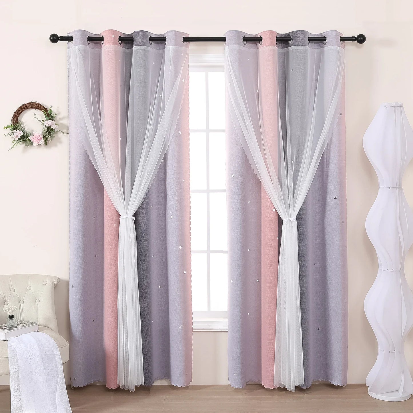 Grau Rosa Farbverlauf Stern Ausschnitt Halb Verdunkelungsvorhang für Mädchen Schlafzimmer Wohnzimmer 2 Stück/Set Kaufschwan® Grau-Rosa 132x213cm 1 Stück