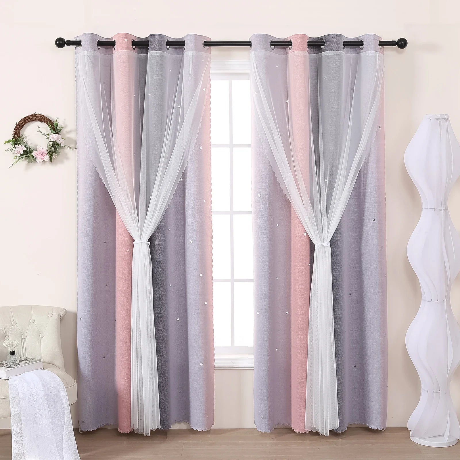 Grau Rosa Farbverlauf Stern Ausschnitt Halb Verdunkelungsvorhang für Mädchen Schlafzimmer Wohnzimmer 2 Stück/Set Kaufschwan® Grau-Rosa 132x213cm 1 Stück