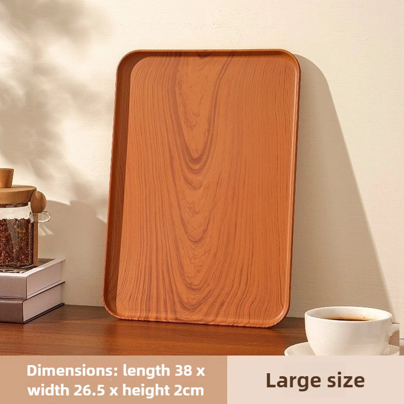 Rechteckiges Kunststoff-Serviertablett in Holzoptik – Multifunktionales Tablett für Haushalt & Gewerbe, Wasserbecher, Kuchen & Desserts