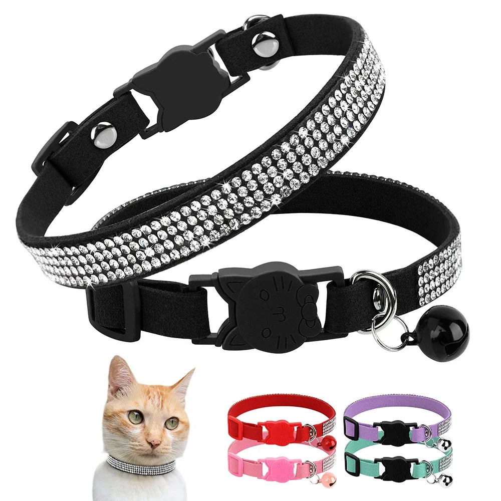 Weiches Rosa Wildleder-Katzenhalsband für Katze – Strasssteine, Glöckchen, Sicherheitsverschluss & Verstellbare Passform Kaufschwan®