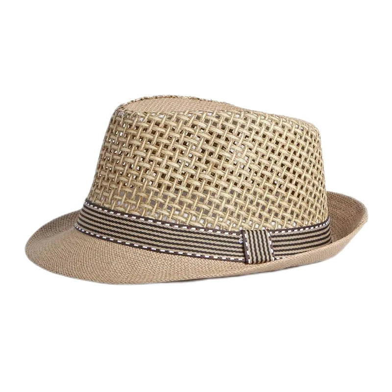 Retro Sonnenhut – Britischer Top Hat Stil, Geometrischer Strohhut mit Gürtel, Unisex Strand & Partner Fedoras