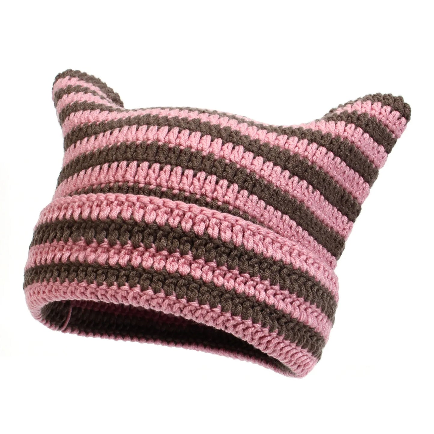 Häkelmütze mit Katzenohren – Weiche Acryl Wintermütze für Damen | Gestreifte Warme Beanie Mütze Geschenk Kaufschwan® Rosa - Braun