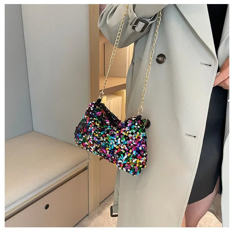 Pailletten Crossbody Kettentasche – Einfarbige Schultertasche, Underarm Bag & Abend Clutch Handtasche für Damen Kaufschwan®