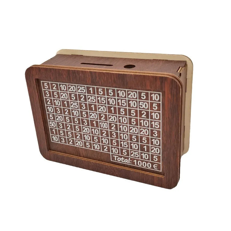 Holz Euro Sparbox – Wiederverwendbare Spardose mit Sparziel Anzeige Kaufschwan® Hellbraun 1000€