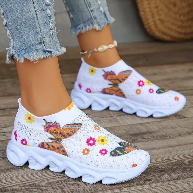 Kristall Blumen Damen Strick-Sneaker – Sommer Atmungsaktive Air Mesh Freizeitschuhe | Leichte Sportschuhe & Walking Flats Kaufschwan®