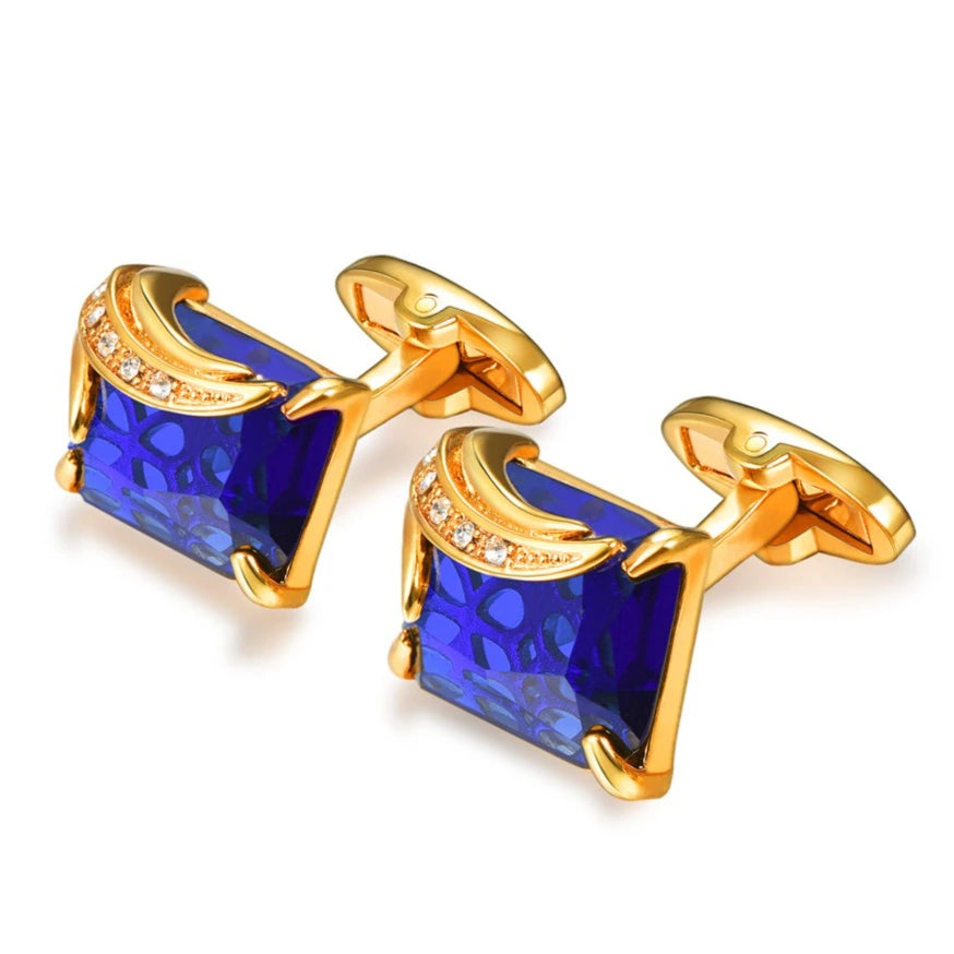 Rechteckige Herren Manschettenknöpfe mit Kristallstein – Rot, Blau & Schwarz | 14×19mm Österreichischer Kristall Luxus Schmuck Geschenk Kaufschwan® Blau-Gold