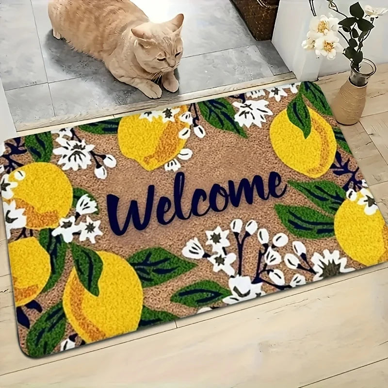 Willkommensmatte – Zitronen- und Blumenmuster mit „Welcome“-Schriftzug, Langlebige Matte für Innen- und Außenbereich Kaufschwan®