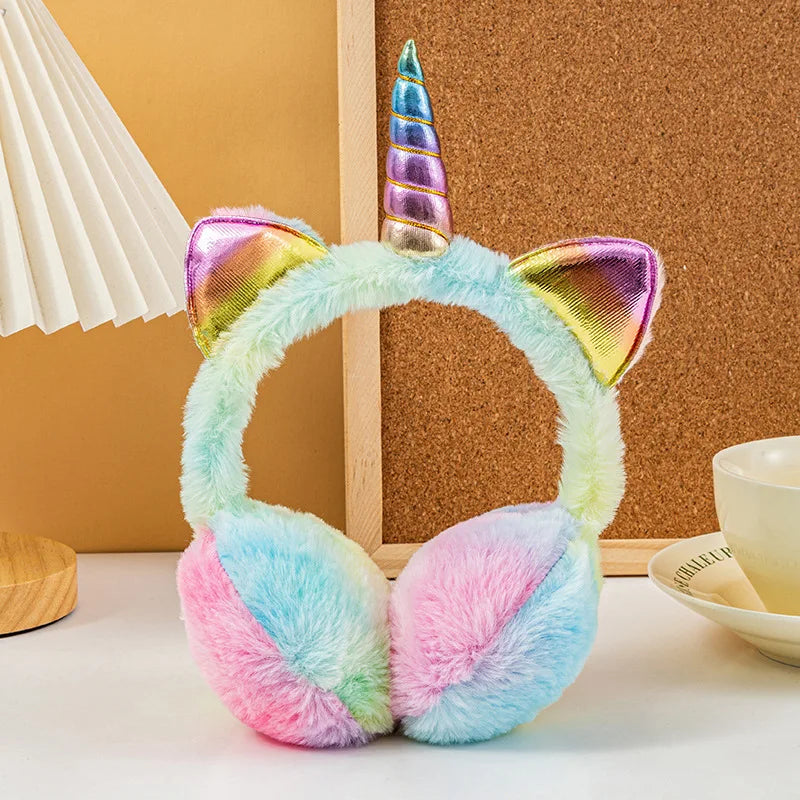 Bunte Einhorn Plüsch Ohrwärmer mit Katzenohren – Kinder Winter Tie-Dye Flauschige Ohrklappen | Weiche Ohrenschützer für Mädchen & Jungen Kaufschwan® Bunt