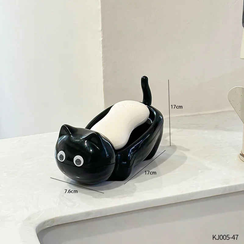 Seifenschale mit großäugiger Katze – Niedliche katzenförmige Seifenschale für Badezimmerdekoration Kaufschwan® Schwarz