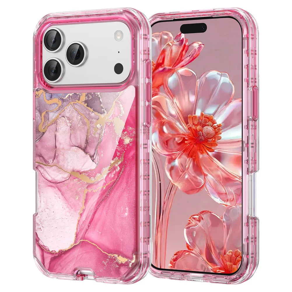 3-in-1 Mehrschichtige Stoßfeste Armor-Schutzhülle für iPhone 18 Pro & iPhone 18 Pro Max – Marmoroptik mit Veredelten Details Kaufschwan® Dunkelrosa iPhone 18 Pro