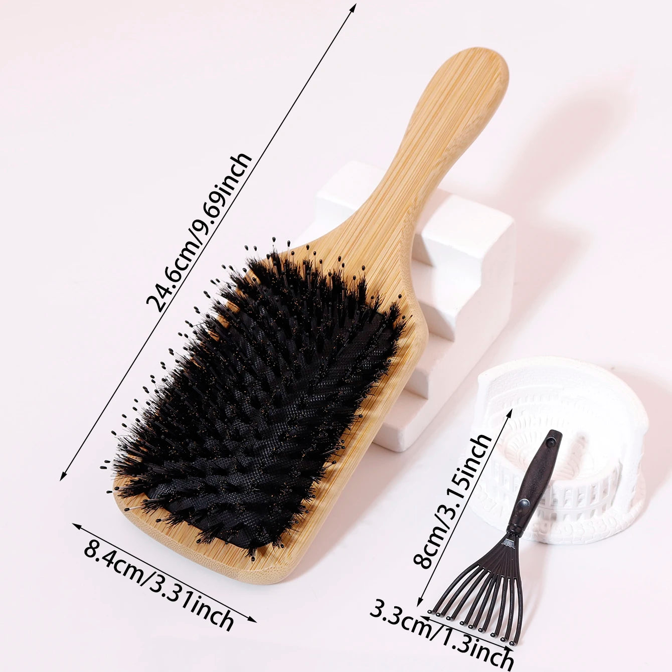 2 Stück Haarbürste mit Borsten & Rake-Kamm – Luftkissen Massagebürste für Glänzendes, Glattes Haar | Perückenfreundliches Styling-Set