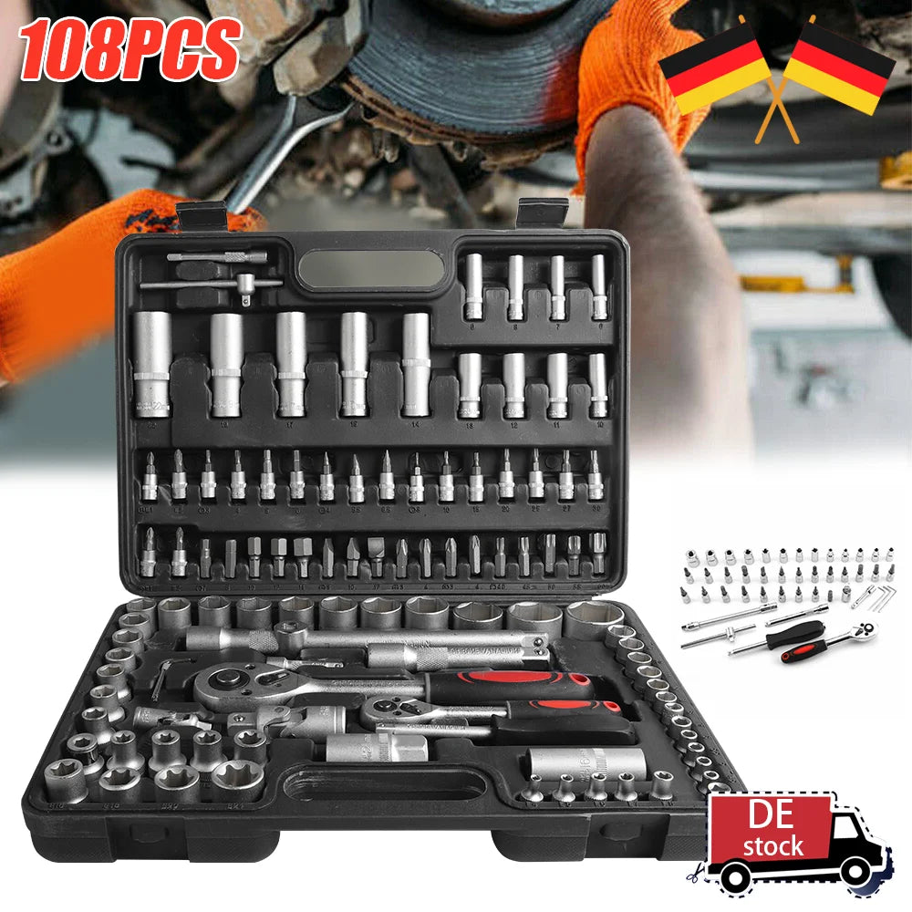 108-teiliges Steckschlüssel Set Auto Reparatur Werkzeug Ratsche & Drehmomentschlüssel Kombination Werkzeugkoffer