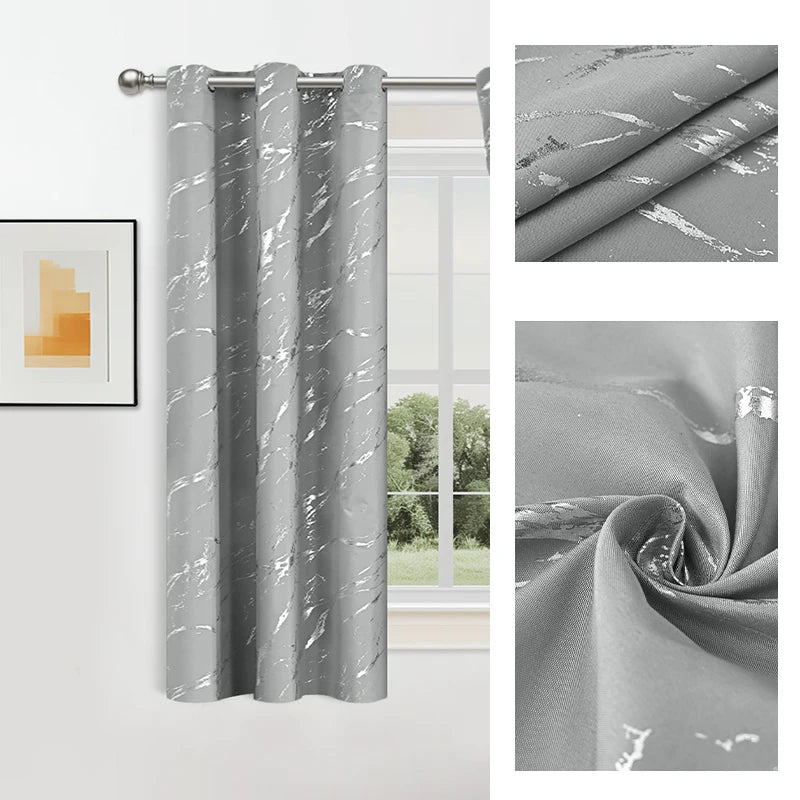 100% Verdunkelung Luxus Marmor Vorhang Set mit Goldfolie und Präziser Verarbeitung – Premium Wohn Deko Kaufschwan® Silber-02 100X250CM-1 Stück Metallösen-Oberteil