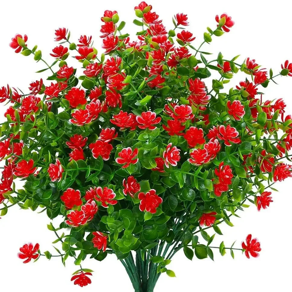 4 Bündel Künstliche Pflanzen – UV-beständige Kunststoffbüsche & Blumen für Zuhause, Bauernhaus, Hochzeit, Garten & Veranda Kaufschwan® Rot 4 Stück