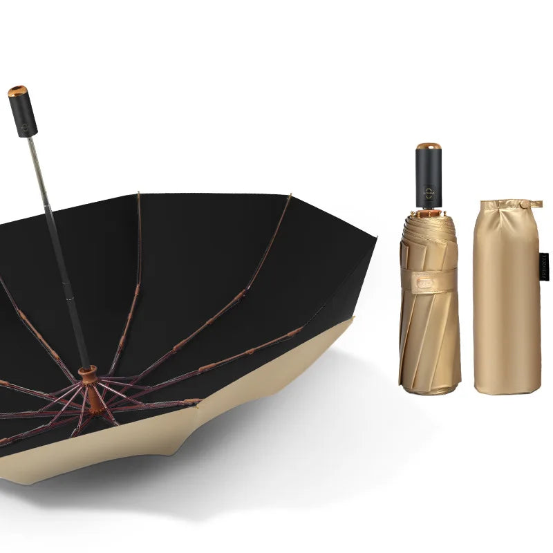 Luxus Gold Automatikschirm – Tragbarer Damen 3-Fach Faltbarer UV-Schutz Sonnenschirm, 10K Doppel-Lagen Winddichter Schirm für Mädchen
