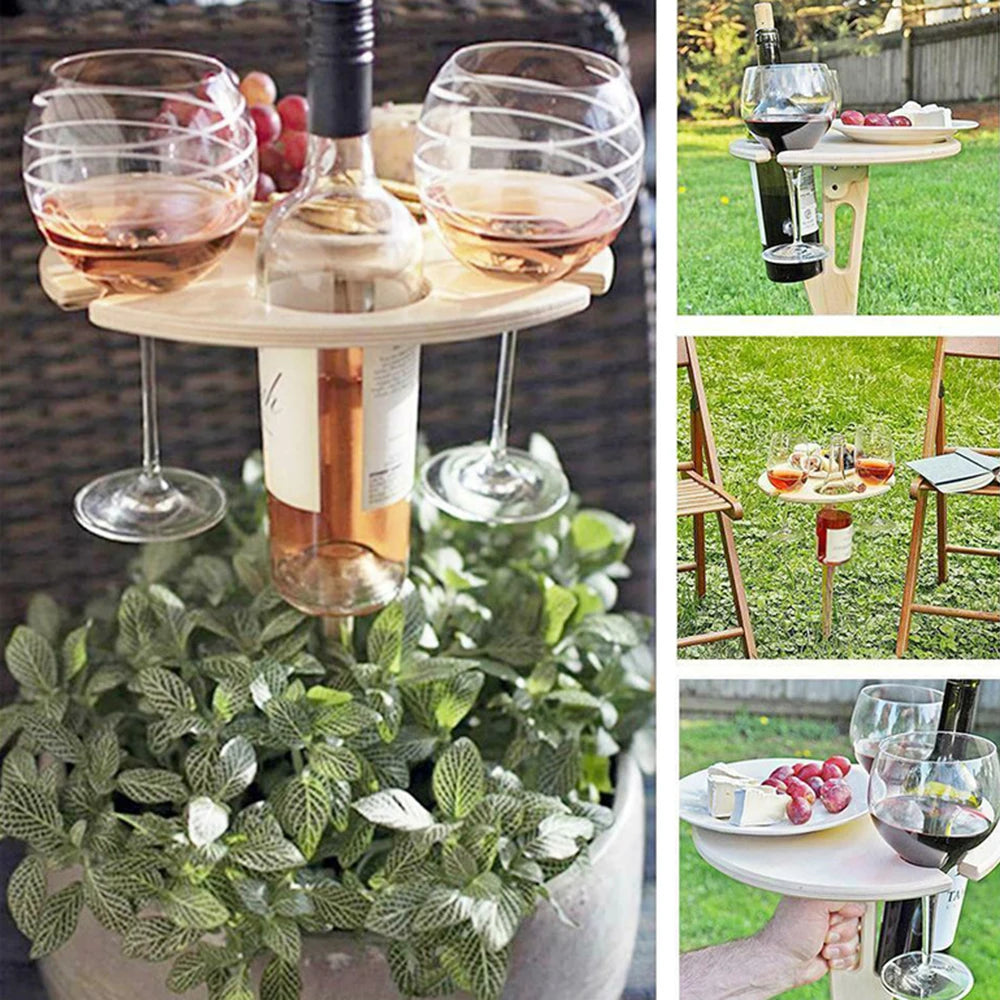Tragbarer Faltbarer Holz Weintisch – Outdoor Glas- & Flaschenhalter | Picknick, Strand & Garten Party Wein Stand Kaufschwan®