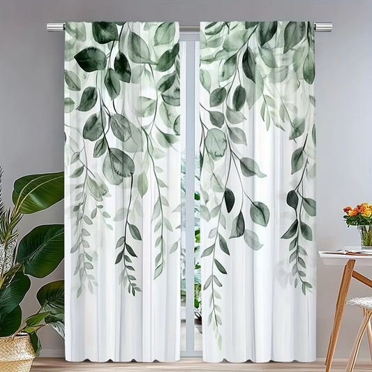 Floral Polyester Vorhang für Schlafzimmer Wohnzimmer Küche Badezimmer 2 Stück/Set Kaufschwan® Weiß - Grün 107x160cm 2 Stück