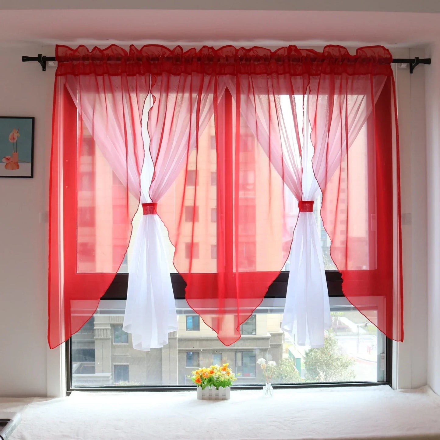 Einfarbiger Voile Transparenter Vorhang für Wohnzimmer Schlafzimmer Küche Balkon Fenster 2 Stück/Set Kaufschwan® Rot W300cm x H140cm