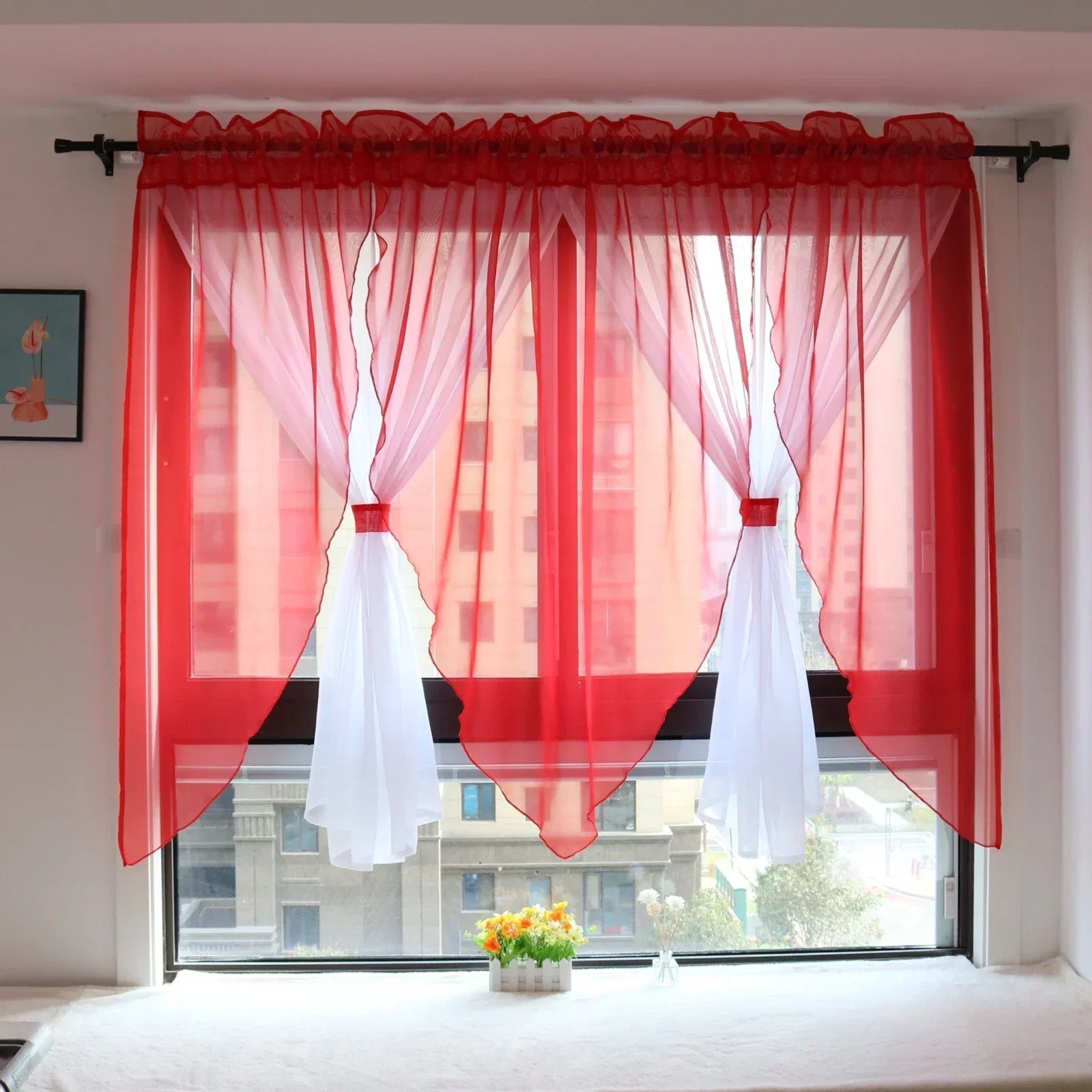Einfarbiger Voile Transparenter Vorhang für Wohnzimmer Schlafzimmer Küche Balkon Fenster 2 Stück/Set Kaufschwan® Rot W300cm x H140cm