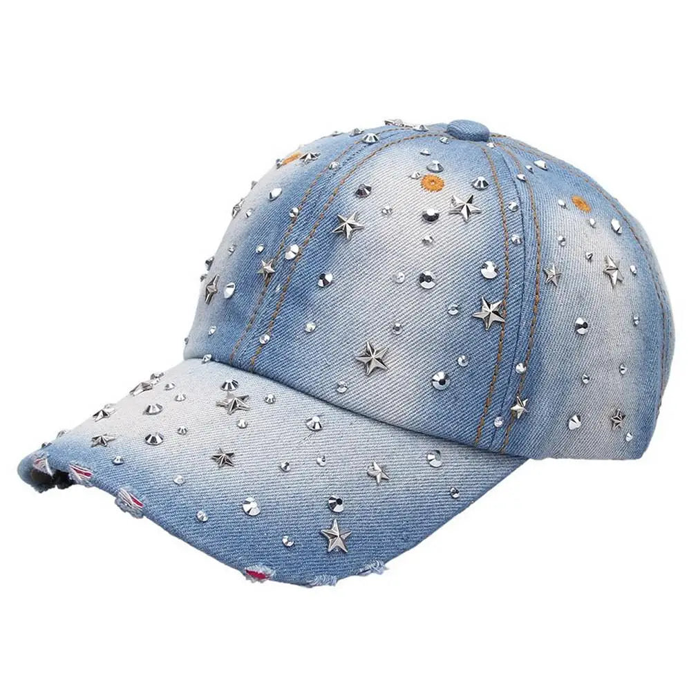 Denim Baseballkappe Damen | Gewaschener Vintage-Hut mit Rivet Star | Snapback Sonnenhut für Damen & Herren | Sommer Outdoor Freizeit Kaufschwan® hellblau