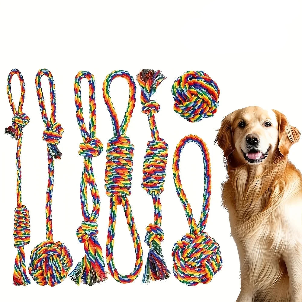 Regenbogen Seil Hundespielzeug Set – Robuste Kauspielzeuge für Training und Spiel Kaufschwan® 7 Stück Regenbogenfarbe