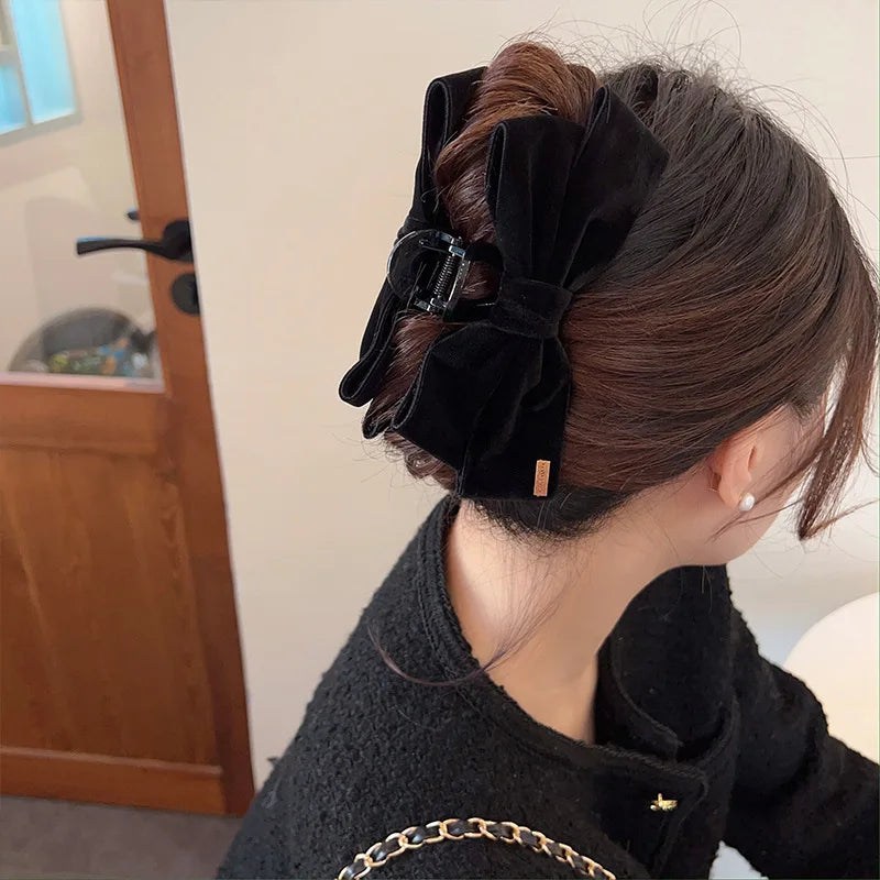 Haarspangen mit samtiger Textur und doppelseitiger Schleife – Schwarze Haarklammer für Damen Kaufschwan®