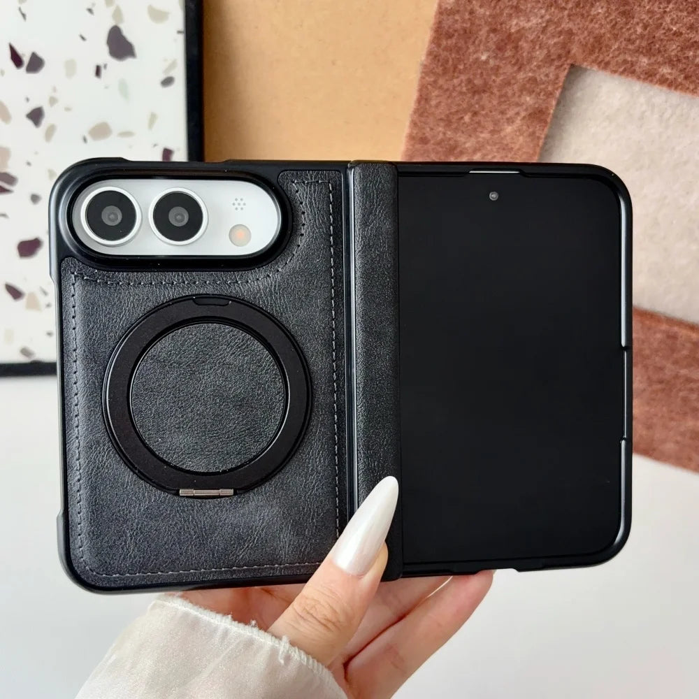 Luxuriöse Retro-Schutzhülle in Lederoptik für iPhone Duo – Magnetische MagSafe-Kompatible Hülle mit Drehbarem Ständer und Stoßschutz