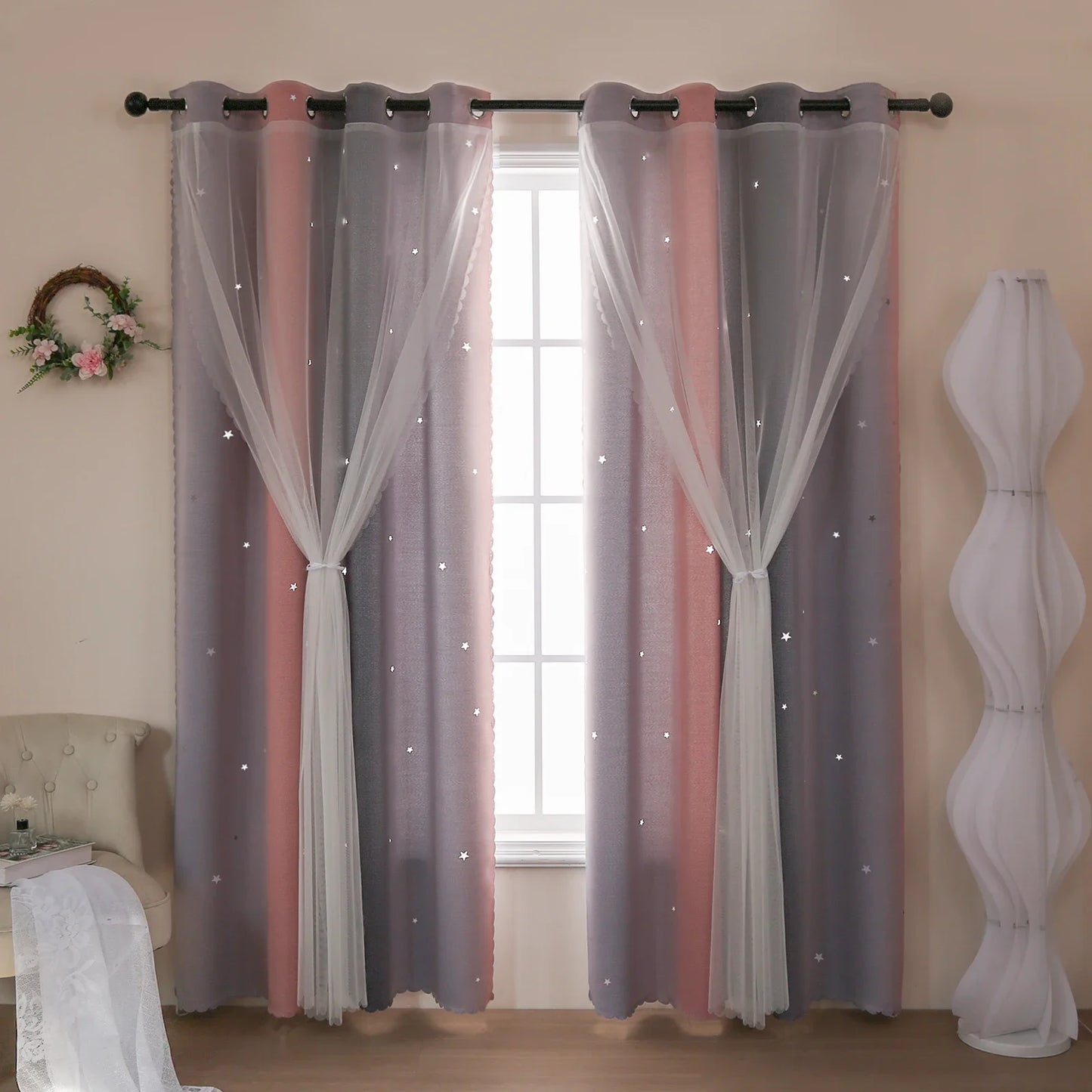 Grau Rosa Farbverlauf Stern Ausschnitt Halb Verdunkelungsvorhang für Mädchen Schlafzimmer Wohnzimmer 2 Stück/Set Kaufschwan®
