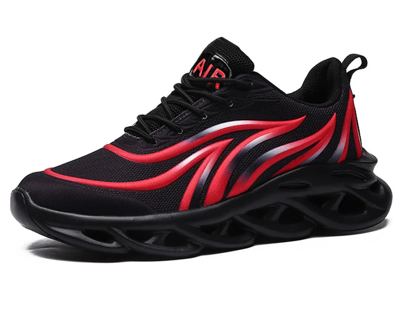Herren Flammen-Print Sneaker – Flying Weave Sportschuhe | Bequeme Laufschuhe & Outdoor Trainingsschuhe Kaufschwan® Schwarz-Rot 39