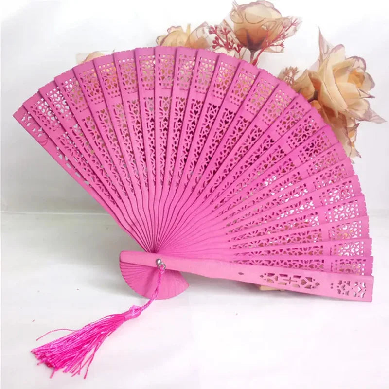 Vintage Hohl geschnitzter Räucherholz Faltfächer | Handgefertigter Bambusfächer | Antikes Kunsthandwerk Kaufschwan® Dunkles Pink