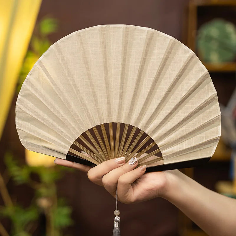 Vintage Muschel-Form Faltfächer | Baumwolle-Leinen Handfächer | Retro Tanzrequisit & Dekoratives Geschenk Kaufschwan® Beige