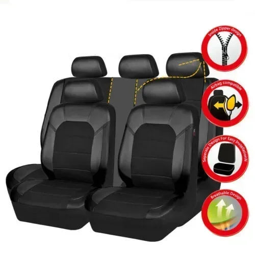 Universelles PU-Leder Autositzbezug-Set – Vollschutz für vorne & hinten, passend für 5-Sitzer Autos & LKWs Kaufschwan® 5 Sitze-Schwarz