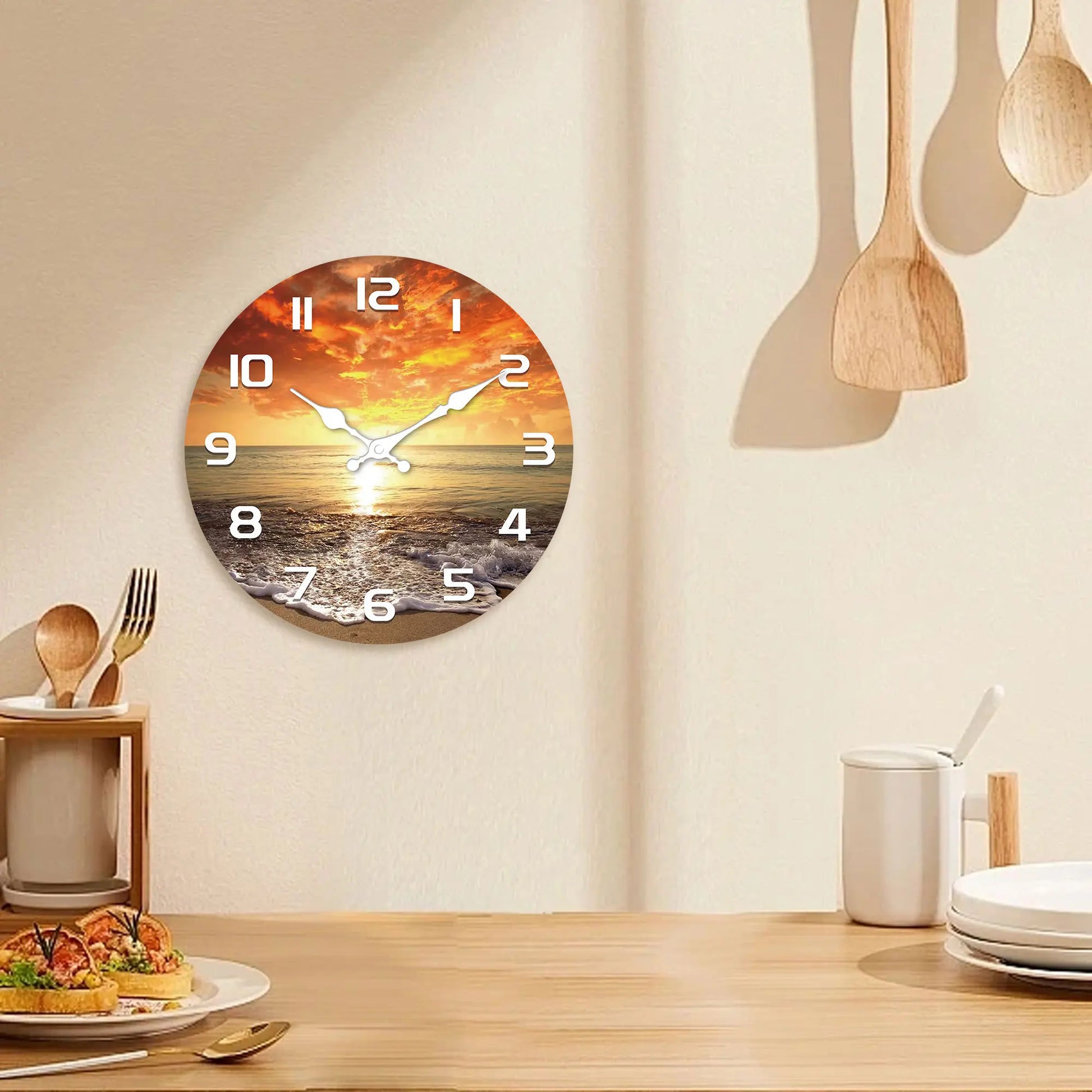 Strand Sonnenuntergang Holz Wanduhr – Leise Quarz Deko Uhr Kaufschwan®