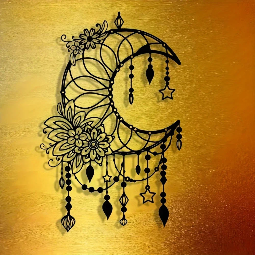 Elegantes Gothisches Mond & Blumen Metall Wandbild – Modernes Hängedekor
