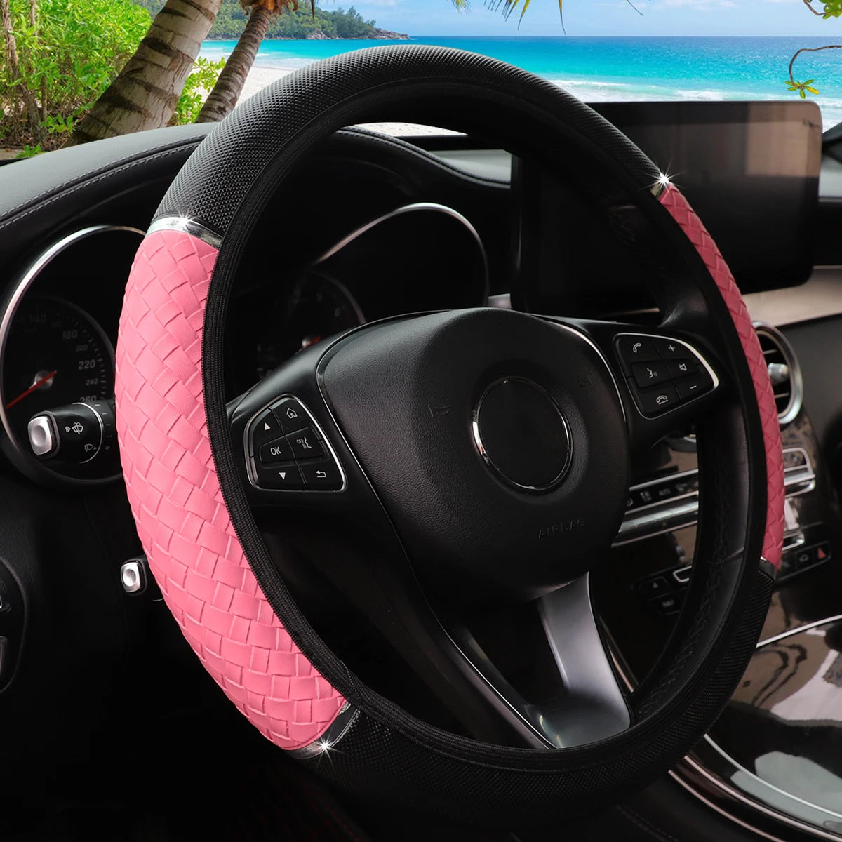 Leder-Lenkradbezug mit Metallstreifen – Modische Ringlose Lenkradabdeckung als Autodekoration Kaufschwan® Rosa