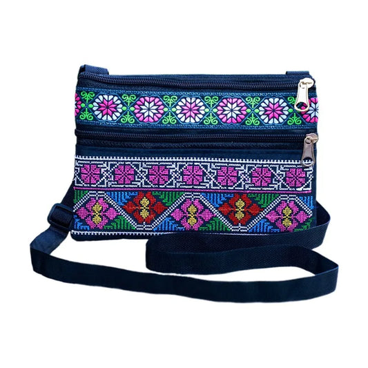 Bestickte Umhängetasche – Damen Schultertasche mit Drei-Lagen-Reißverschluss | Handy- & Münztasche Kaufschwan®