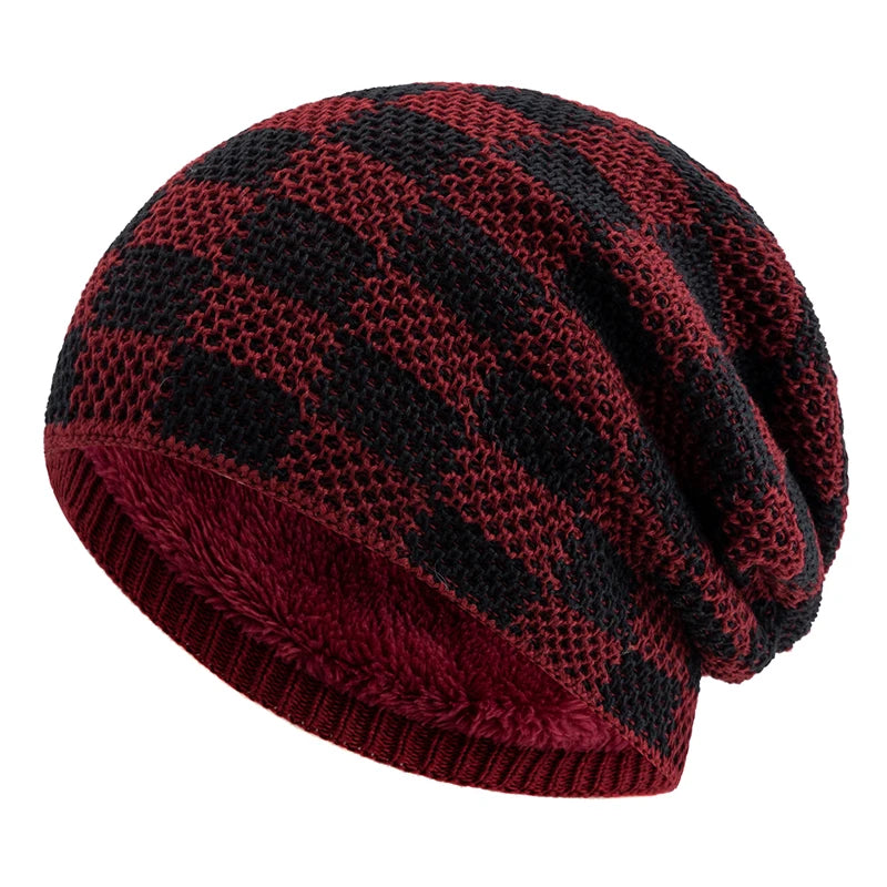 Unisex Slouchy Winter Beanie Mütze – Zweifarbige Grid-Strickmütze für Damen & Herren | Warme Oversize Mütze für Ski & Alltag Kaufschwan® Rot 56cm-60cm