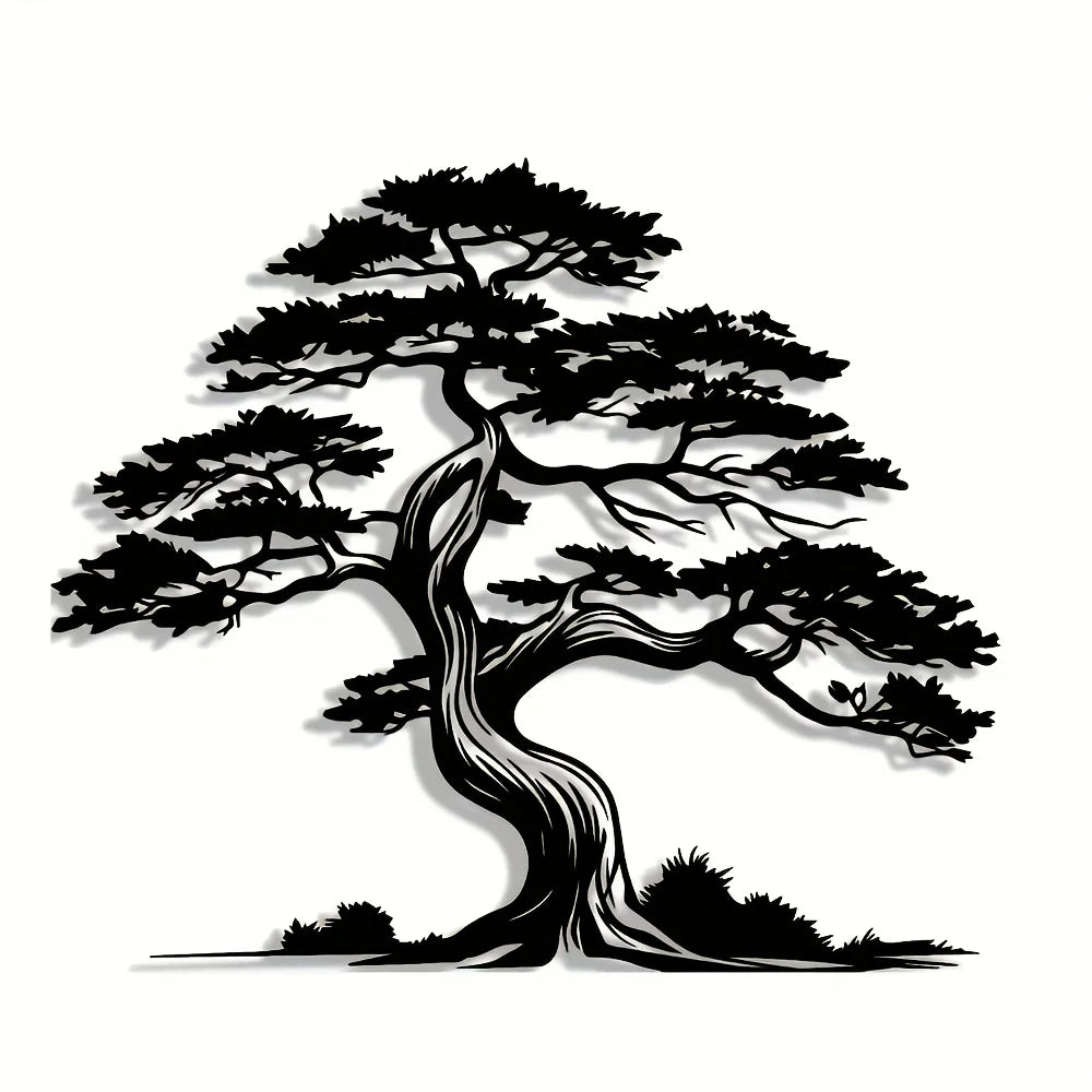 2D Flaches Eisen Kiefernbaum Wandbild – Elegantes Abstraktes Metall Design mit Sonneneffekt