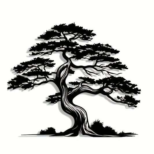 2D Flaches Eisen Kiefernbaum Wandbild – Elegantes Abstraktes Metall Design mit Sonneneffekt