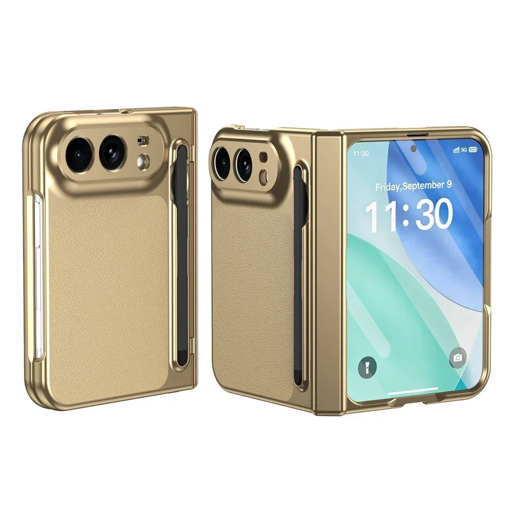 Hochwertige Luxuriöse Glänzende Schutzhülle für iPhone Duo 5G 2026 – Rundumschutzhülle mit Stifthalter, Schutzfolie, Scharnier- und Stoßschutz Kaufschwan®