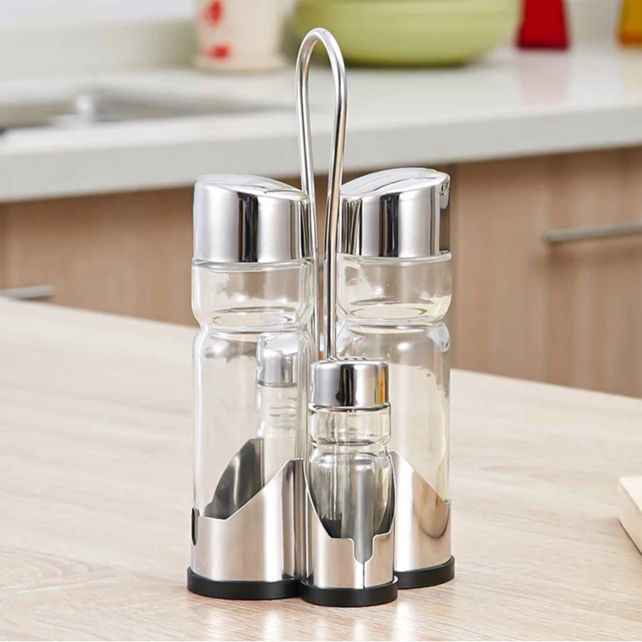 4-in-1 Gewürzflaschen Set mit Halter – Öl- & Essigspender, Salz- & Pfefferstreuer | Glas Cruet Set mit Ständer Kaufschwan®